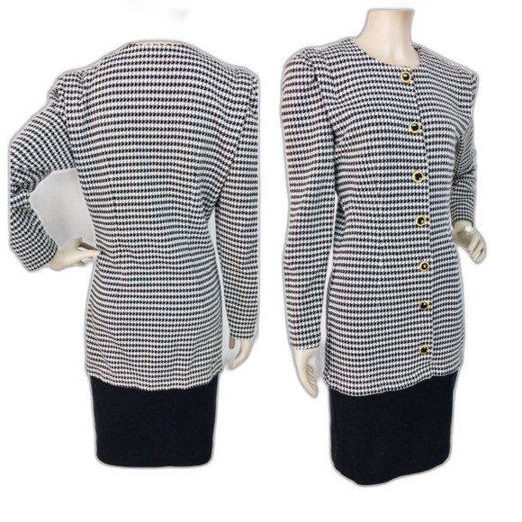 VTG All That Jazz Knit Color Block Houndstooth Puff Sleeve Sweater Dress Suit - Picture 3 of 8